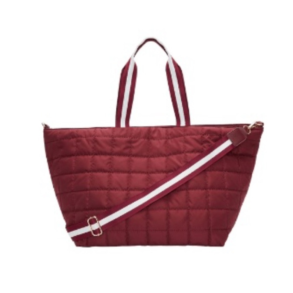 SUMMER & ROSE Quilted Duffel Maroon Tote Bag with Striped Handles, new!
